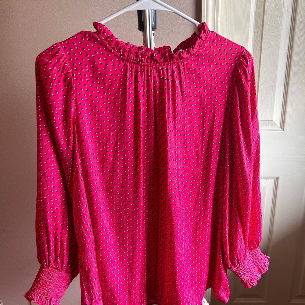 Carolina Belle Montreal Pink Polka Dot Ruffle‎ Neck Smocked Cuff Blouse Large